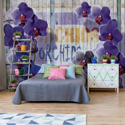Purple Orchids Flowers Wooden Planks Background(1070WM)