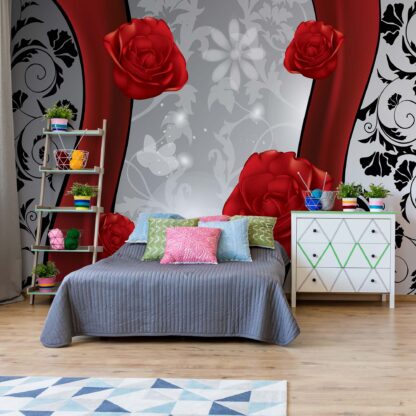 Red Roses Modern Floral Design Silver And Red(1210WM)