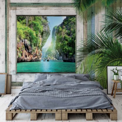 Wood Plank Window Tropical Lagoon View(1221WM)
