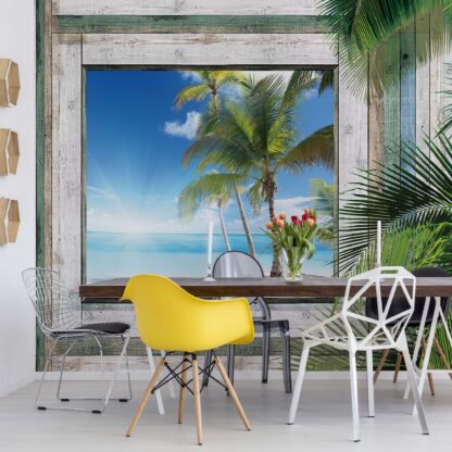 Wood Plank Window Tropical Beach View(1222WM)