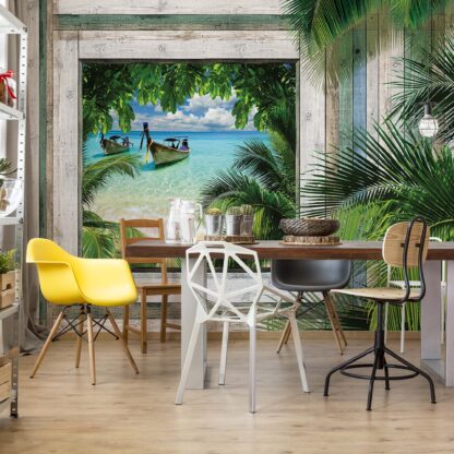 Wood Plank Window Tropical Beach View(1224WM)