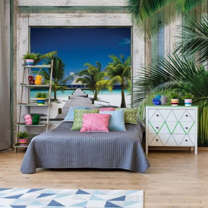 Wood Plank Window Tropical Beach View(1225WM)