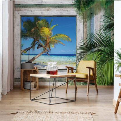 Wood Plank Window Tropical Beach View(1226WM)