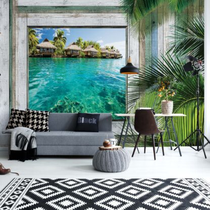 Wood Plank Window Tropical Lagoon View(1228WM)