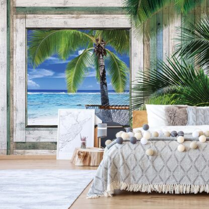 Wood Plank Window Tropical Beach View(1230WM)