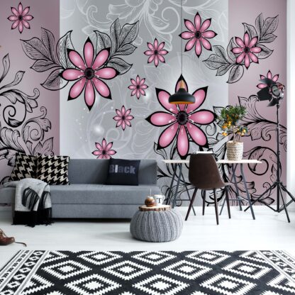 Modern Floral Design With Swirls Pink(1245WM)