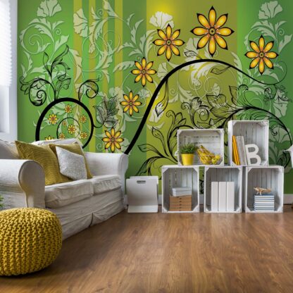 Modern Floral Design With Swirls Green And Yellow(1266WM)