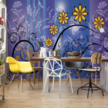 Modern Floral Design With Swirls Blue, Purple And Yellow(1267WM)