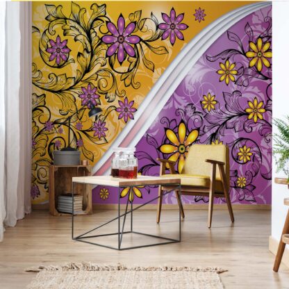 Modern Floral Design With Swirls Purple And Yellow(1269WM)
