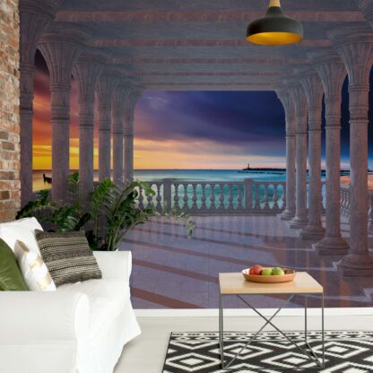 Beach Sunset 3D View Through Columns(1368WM)