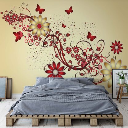 Modern Design Red And Yellow Flowers And Butterflies(1642WM)