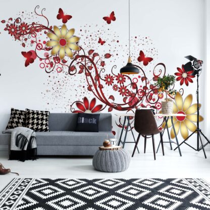Modern Design Red And Yellow Flowers And Butterflies(1643WM)
