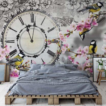 Birds, Clock, And Cherry Blossom Floral Vintage Design(1793WM)