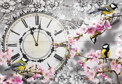 Birds, Clock, And Cherry Blossom Floral Vintage Design(1793WM) - Image 2