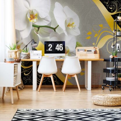 Orchids And Swirls Black And Gold Floral Design(1825WM)