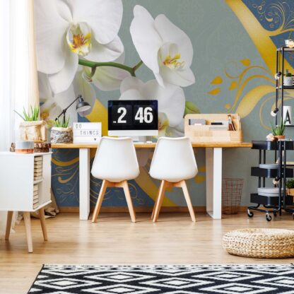 Orchids And Swirls Blue And Gold Floral Design(1826WM)