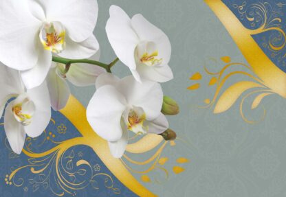 Orchids And Swirls Blue And Gold Floral Design(1826WM) - Image 2