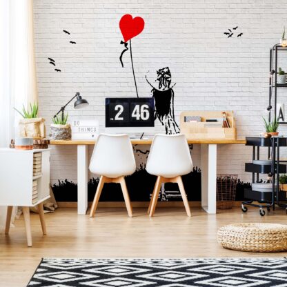 Black And White Brick Wall Graffiti Girl And Heart Balloon(1978WM)