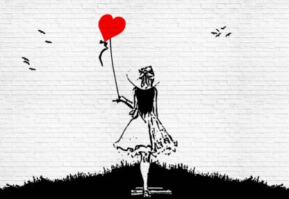 Black And White Brick Wall Graffiti Girl And Heart Balloon(1978WM) - Image 2