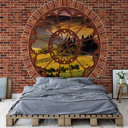 Tuscan Countryside Ornamental Window View Brick Wall(2181WM)