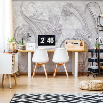 3D Ornamental Floral Design Grey And White(2340WM)