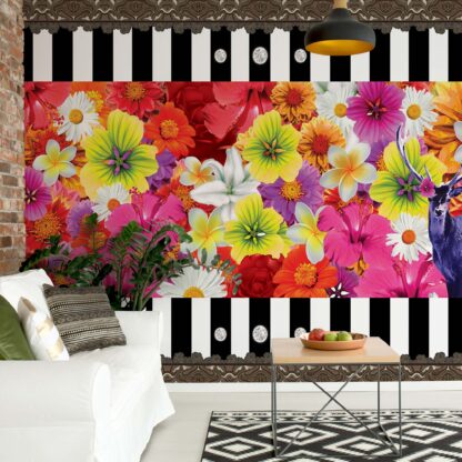 Colourful Flowers Black And White Strips(2385WM)