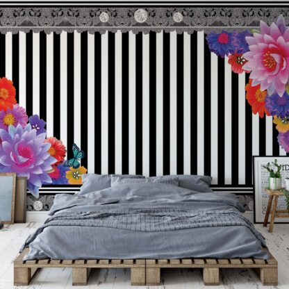 Colourful Flowers Black And White Strips(2389WM)