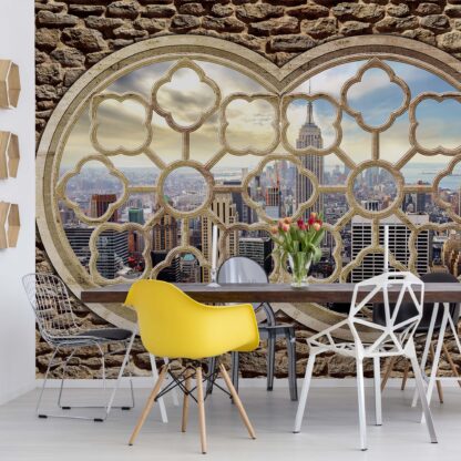 New York City Skyline Ornamental Window View Stone Wall(2395WM)