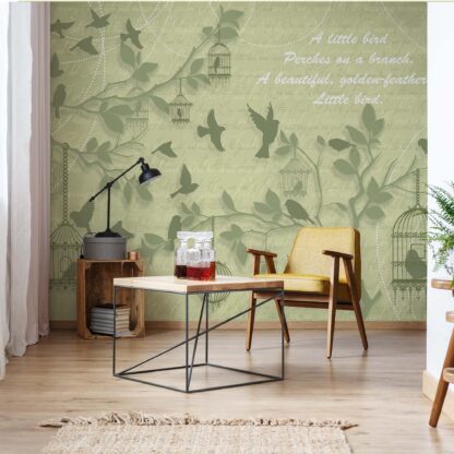 Cherry Blossom And Birds Vintage Design Green(2776WM)