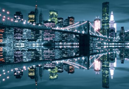 New York City Skyline At Night Brooklyn Bridge Blue Light(3022WM) - Image 2