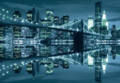 New York City Skyline At Night Brooklyn Bridge Blue Light(3023WM) - Image 2