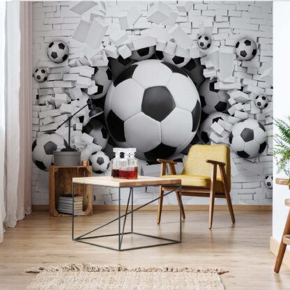 3D Footballs Bursting Through Brick Wall(3383WM)