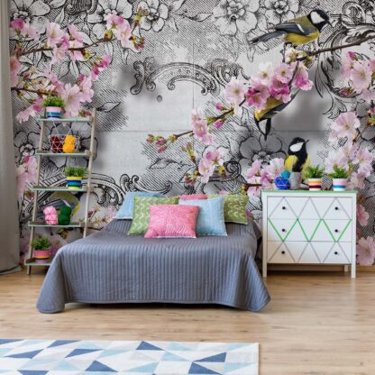 Birds And Cherry Blossom Flowers Vintage Design(3442WM)