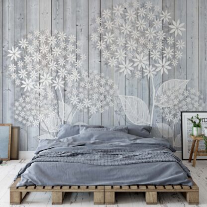 Illustrated Floral Design Light Blue Wood Plank Texture(3448WM)