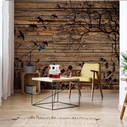 Rustic Birds And Tree Silhouette Wood Plank Texture(3487WM)