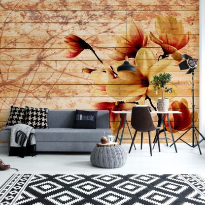 Magnolia Flowers Farmhouse Chic Vintage Wood Plank Texture Orange(3520WM)