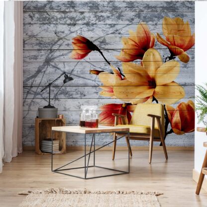 Magnolia Flowers Farmhouse Chic Vintage Wood Plank Texture Blue(3521WM)