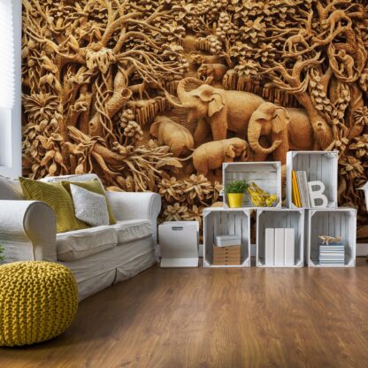 3D Carved Wood Jungle Elephants Sepia(3527WM)