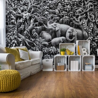 3D Carved Wood Jungle Elephants Black And White(3528WM)