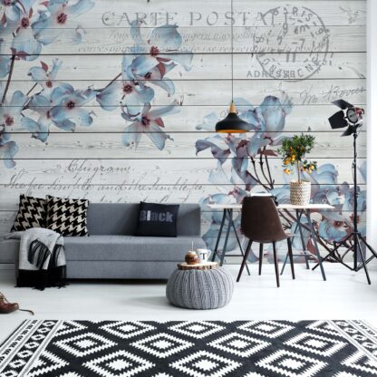 Blue Flowers Wood Plank Texture Vintage Script Farmhouse Chic(3545WM)