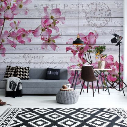 Pink Flowers Wood Plank Texture Vintage Script Farmhouse Chic(3546WM)