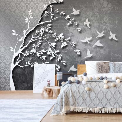 Modern Tree Leaves Birds Grey(3711WM)