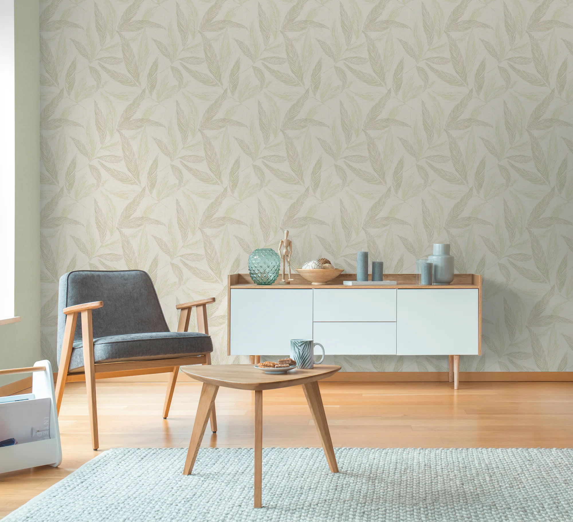 Lehe- ja lillemustriga fliistapeet kreemikas ja roheline Hygge 3 – 790961 - Image 6